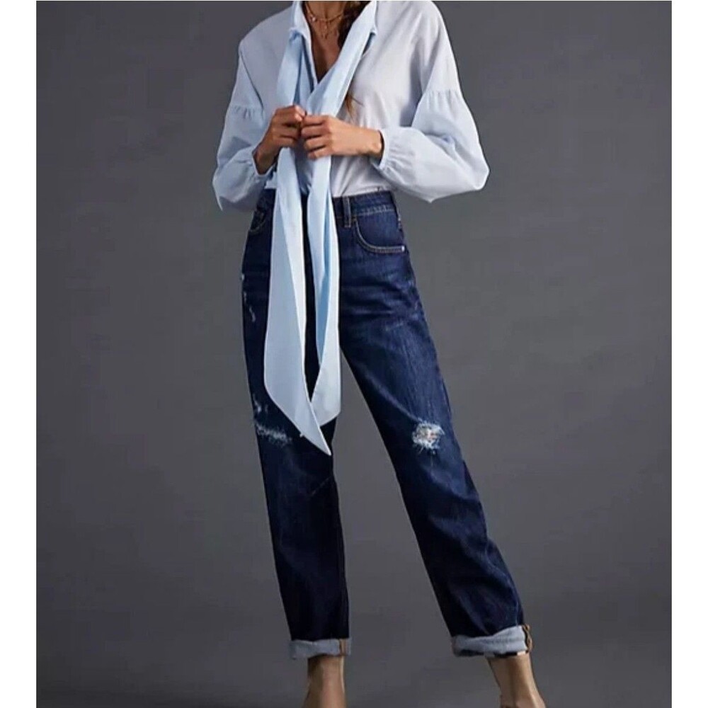 Anthopologie Pilcro 27 The Bow Boyfriend Jeans Dark Distressed Denim Blue